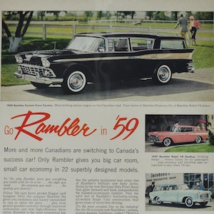 Grande pubblicità per auto 1959 AMC Rambler Custom Cross Country Station Wagon (American Motors Company, pubblicità fotografica classica, concessionario di ricambi USA)