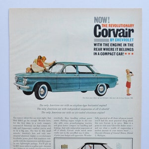 Grande pubblicità per auto Chevrolet Corvair del 1960 (GM General Motors Company, pubblicità fotografica classica d'epoca, parti, brochure stampate, concessionario, auto)