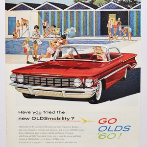Grande pubblicità per auto Oldsmobile del 1960 (GM General Motors Company, pubblicità fotografica classica d'epoca, parti, brochure stampate, concessionario, Olds Auto)