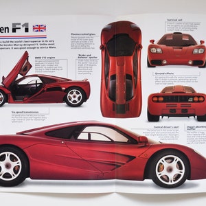 Folha de especificações McLaren F1 (1992-1997) (foto do carro, informações sobre especificações, folheto de peças, anúncio antigo, impressão vintage, corrida, velocidade automática, automóvel, inglaterra, woking)
