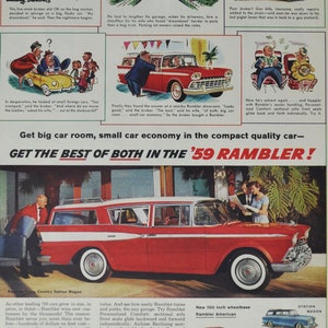 Grote autoadvertentie 1959 AMC Rambler Cross Country Station Wagon (American Motors Company klassieke oude fotoadvertentie dealer onderdelen VS Amerikaanse auto)