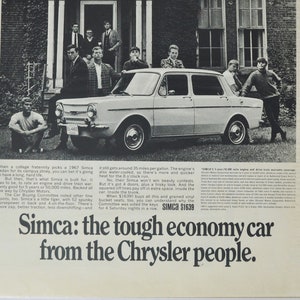 Grote autoadvertentie Simca uit de jaren 60 (autobedrijf klassieke oude fotoadvertentie onderdelen gedrukte brochure dealer dealer Amerikaans chrysler frans)