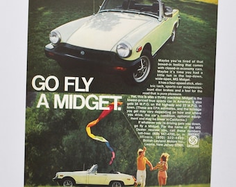 Anuncio de coche MG Midget de los años 70 (anuncio fotográfico de la antigua empresa automovilística, piezas impresas, folleto, concesionario de automóviles, deporte de carreras, British Leyland, Leonia)