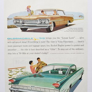 Grande pubblicità per auto 1959 Oldsmobile 88/98 Holiday (GM General Motors Company, pubblicità fotografica classica, parti, brochure stampata, motore a razzo)