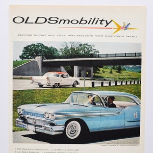 Grote autoadvertentie 1958 Oldsmobile Super 88 (GM General Motors Company klassieke oude fotoadvertentie onderdelen brochure gedrukt dealer olds auto)