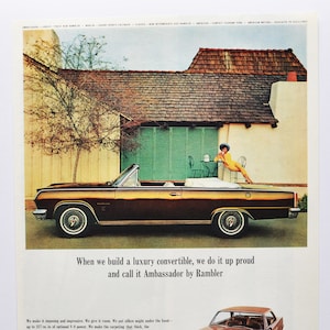 Grande pubblicità per auto 1965 Rambler Ambassador Convertible (American Motors Classic Old Photo Pubblicità Stampa Manifesto Brochure Marlin Rebel 990)
