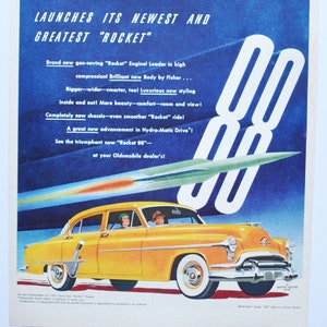Pubblicità di un'auto di grandi dimensioni, Oldsmobile Super 88 DeLuxe del 1951 (pubblicità fotografica classica della General Motors Company, parte stampata della Rocket Olds Sedan USA)