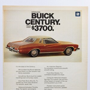 Annuncio di un'auto di grandi dimensioni del 1973 Buick Century Luxus Collonade Hardtop Coupe (general motors company GM vecchia foto classica pubblicità parti stampa auto)