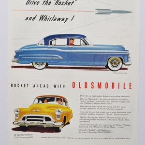 Grande annuncio pubblicitario per auto 1950 Oldsmobile 98 berlina a 4 porte (GM General Motors Company, pubblicità fotografica classica, parti, brochure stampata, concessionario Olds)