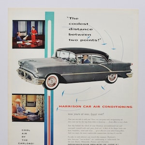 Grote autoadvertentie 1955 Oldsmobile Harrison airconditioning (GM General Motors Company klassieke oude fotoadvertentie onderdelen gedrukte brochure oud)