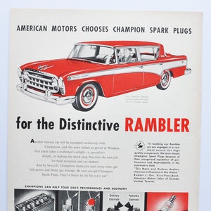 Grote autoadvertentie 1957 Rambler Champion Spark Plugs (American Motors klassieke oude fotoadvertentie print posterbrochure klassieke dealer VS)