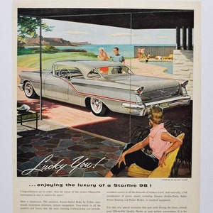 Grote autoadvertentie 1957 Oldsmobile Starfire 98 Holiday Coupe (GM General Motors Company klassieke oude fotoadvertentie onderdelen gedrukte brochure oud)