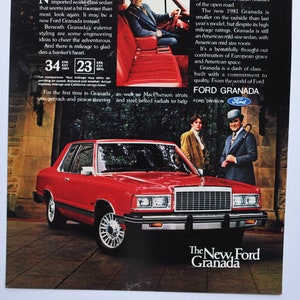 Grote autoadvertentie 1981 Ford Granada (ford oldtimer klassieke oude foto-advertentiebrochure retro dealer auto Avengers Macpherson Steed)