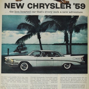 Grande pubblicità per auto Chrysler Saratoga 2 porte Hardtop del 1959 (vecchia foto pubblicitaria classica di una società di motori, parti, brochure stampate, concessionario americano USA)