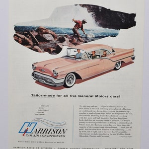 Grote autoadvertentie 1957 Oldsmobile Harrison airconditioning (GM General Motors Company klassieke oude fotoadvertentie onderdelen gedrukte brochure oud)