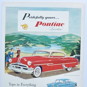 Grande pubblicità per auto Pontiac Laurentian del 1953 (GM General Motors Company, pubblicità fotografica classica d'epoca, parti, brochure stampata, sport coupé, berlina, USA)