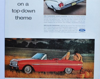 Large Car Ad 1963 Ford (motor company classic old photo advertisement parts print brochure thunderbird sports roadster falcon convertible)