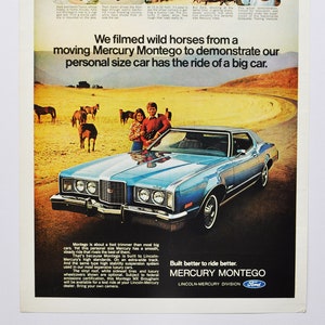 Grote autoadvertentie 1972 Mercury Montego MX Brougham (ford Motor Company klassieke oude fotoadvertentie onderdelen gedrukte brochure dealer Amerikaanse auto)