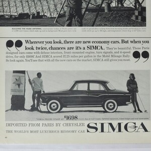 Grote autoadvertentie Simca uit de jaren 60 (autobedrijf klassieke oude fotoadvertentie onderdelen gedrukte brochure dealer dealer Amerikaans chrysler frans)