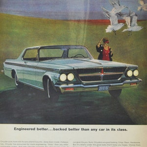 Pubblicità di un'auto di grandi dimensioni del 1964, Chrysler 300 2 porte hardtop (vecchia foto pubblicitaria classica di una società di motori, parti, brochure stampate, concessionario, motore americano, Stati Uniti)