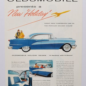 Grote autoadvertentie 1955 Oldsmobile Holiday Sedan (GM General Motors Company klassieke oude fotoadvertentie onderdelen brochure gedrukt dealer Amerikaans)