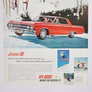 Grande pubblicità per auto 1964 Oldsmobile Jetstar 88 (GM General Motors Company, pubblicità fotografica classica d'epoca, parti, brochure stampata, concessionario Olds Auto)