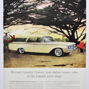 Grande pubblicità per auto degli anni '60 Mercury Country Cruiser (vecchia foto classica della Ford Motor Company, pubblicità di ricambi, brochure stampata, concessionario, auto)