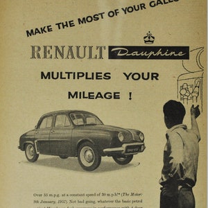 Anúncio de carro 1957 Renault Dauphine (automóvel empresa clássico antigo foto anúncio peças impressão cartaz folheto revendedor concessionária frança francês)