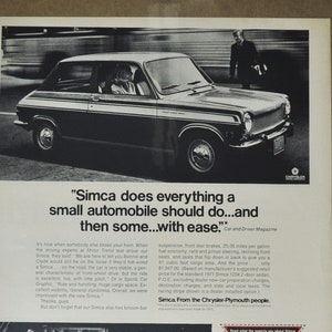 Grote autoadvertentie 1971 Simca 1204 2-deurs sedan (motorbedrijf klassieke oude fotoadvertentie onderdelen gedrukte brochure Amerikaanse chrysler Franse auto)