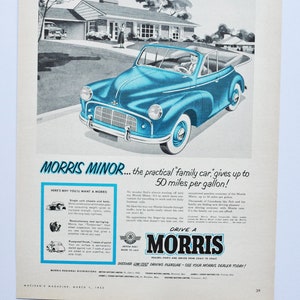Grote autoadvertentie Morris Minor uit 1953 (motorbedrijf klassieke oude fotoadvertentie gedrukte brochure dealer motoren Cowley Engeland Brits Europa)