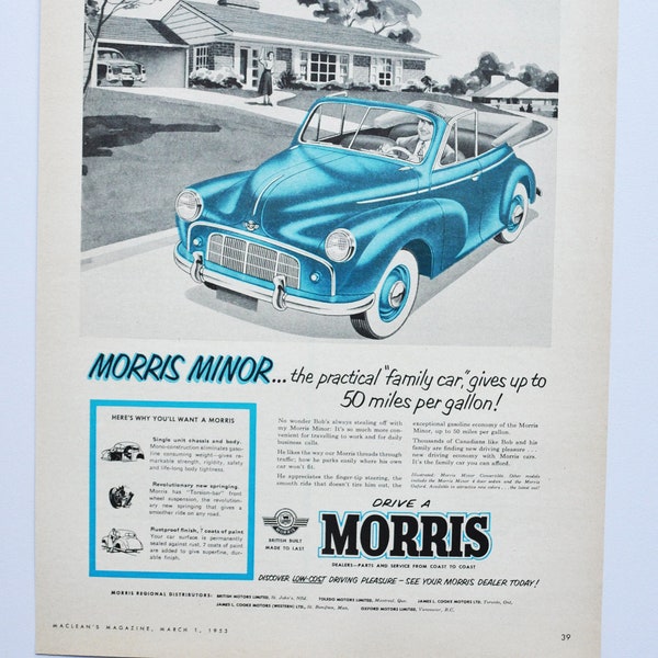 Large Car Ad 1953 Morris Minor (motor company classic old photo advertisement print brochure dealer motors cowley england british europe)