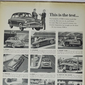 Grote autoadvertentie Simca uit de jaren 60 (autobedrijf klassieke oude fotoadvertentie onderdelen gedrukte brochure dealer dealer Amerikaans chrysler frans)