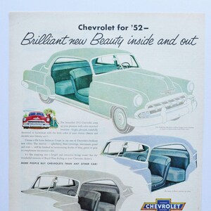 Grande pubblicità per auto Chevrolet De Luxe del 1952 (GM General Motors Company, pubblicità fotografica classica d'epoca, brochure stampata, concessionario, auto, sport, coupé)