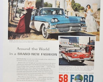 Anuncio de coche grande Ford 1958 (anuncio fotográfico antiguo clásico de la empresa automovilística, folleto impreso de piezas, concesionario Thunderbird, motor V-8)