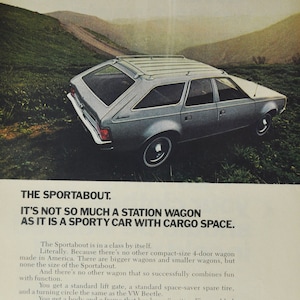 Pubblicità di auto di grandi dimensioni AMC Sportabout (American Motors Company, pubblicità fotografica classica di vecchia data, concessionario, brochure, station wagon, sport cargo)