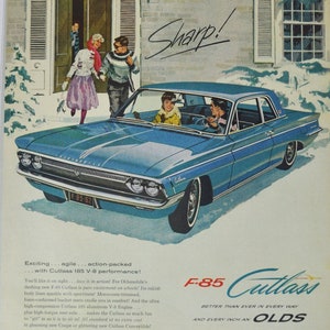 Grande pubblicità per auto Oldsmobile F-85 Cutlass del 1962 (GM General Motors Company, pubblicità fotografica classica d'epoca, parti, brochure stampata, concessionario Olds Auto)