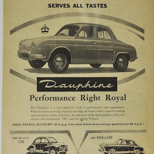 Pubblicità auto 1956 Renault Dauphine (azienda automobilistica classica vecchia foto pubblicità parti stampa manifesto brochure concessionario concessionaria francia francese)