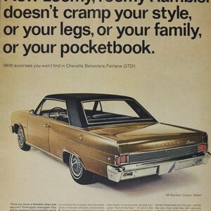 Grote autoadvertentie 1966 AMC Rambler Classic Rebel (American Motors Company klassieke oude fotoadvertentie onderdelen gedrukte brochure dealer VS auto)