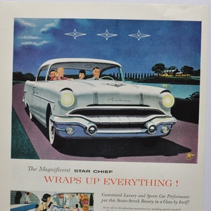 Grote autoadvertentie 1956 Pontiac Catalina (GM General Motors Company klassieke oude fotoadvertentie onderdelen gedrukte brochure dealer star chief auto)