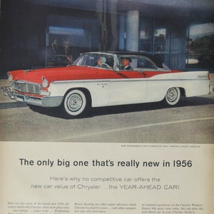 Grande pubblicità per auto Chrysler New Yorker 1956 2 porte Hardtop (vecchia foto pubblicitaria classica di una società di motori, parti, brochure stampate, concessionario americano, Stati Uniti)