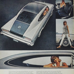 Pubblicità di un'auto di grandi dimensioni, AMC Rambler Marlin (American Motors Company, pubblicità fotografica classica, vecchia, concessionaria, brochure, parti, motore V-8 USA)