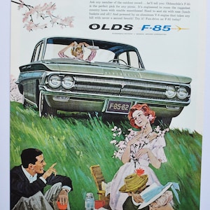Pubblicità di un'auto di grandi dimensioni, Oldsmobile F-85 Cutlass del 1962 (GM General Motors Company, pubblicità fotografica classica d'epoca, brochure stampata di parti, Olds F85 USA)