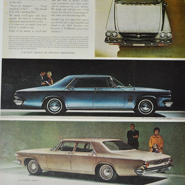 Large Car Ad 1963 Chrysler 300 / New Yorker / Newport (motor company classic old photo advertisement parts print brochure dealer engine USA)