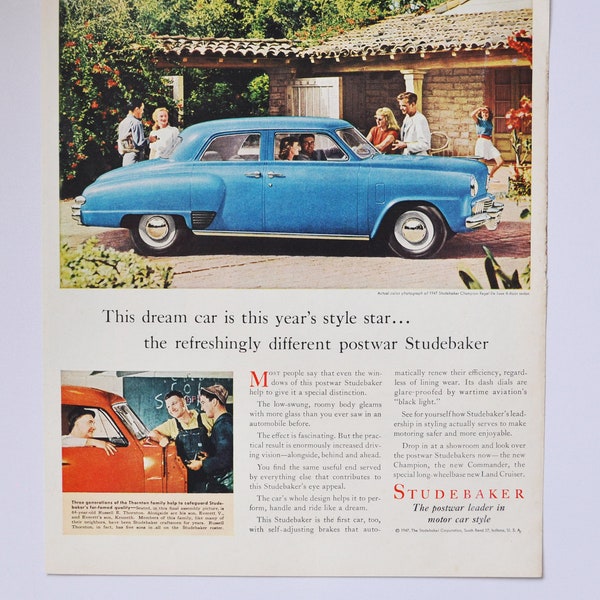 Large Car Ad 1947 Studebaker (motor company classic old photo advertisement print brochure retro classic dealer dealership auto automobile)