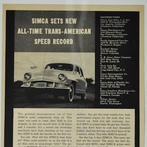 Annonce voiture Simca 1958 (compagnie automobile classique vieille photo publicité pièces impression affiche brochure concessionnaire concessionnaire france économie française)