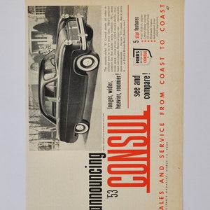 Auto Anzeige 1953 Consul Ford British (Luxus-Automobil-Klassiker altes Foto-Werbeprospekt Teile Sport Retro Händler Autohaus England)