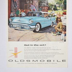 Grote autoadvertentie 1957 Oldsmobile Fiesta 88 (GM General Motors Company klassieke oude fotoadvertentie onderdelen brochure gedrukt dealer olds super)