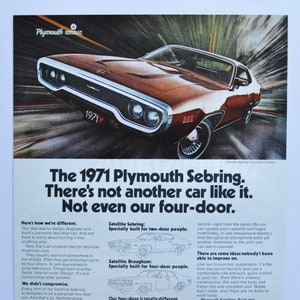 Grande pubblicità per auto 1971 Plymouth Sebring (azienda automobilistica Chrysler vecchia pubblicità fotografica classica parti brochure stampata Belvedere Fury Barracuda)