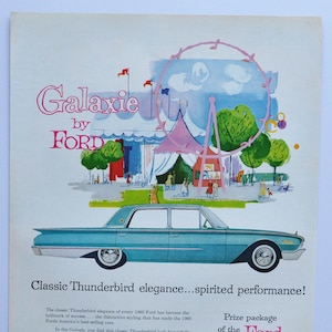 Grande pubblicità per auto Ford Galaxie del 1960 (azienda automobilistica, pubblicità fotografica classica, vecchia, parti, brochure stampata, concessionario, thunderbird 500 auto)