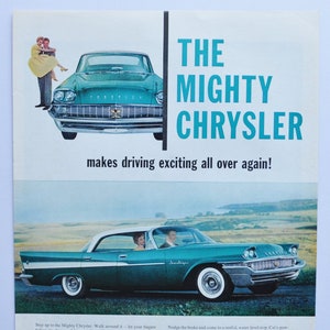 Grote autoadvertentie 1958 Chrysler Saratoga (autobedrijf klassieke oude fotoadvertentie onderdelen gedrukte brochure dealer Amerikaanse motor auto 300)